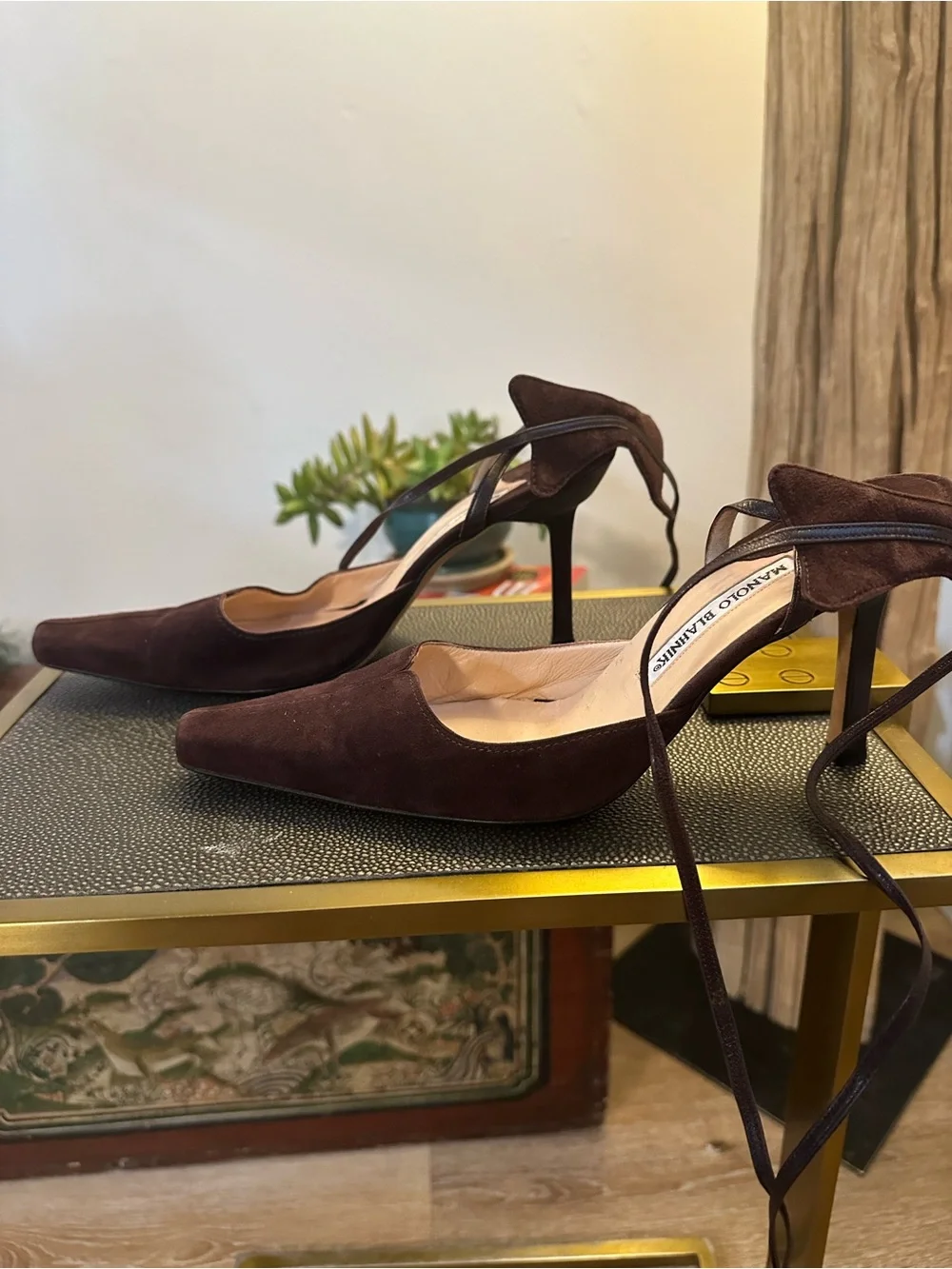 Manolo Blahnik Dark Brown Suede Pointed Toe Ankle Tie Pumps